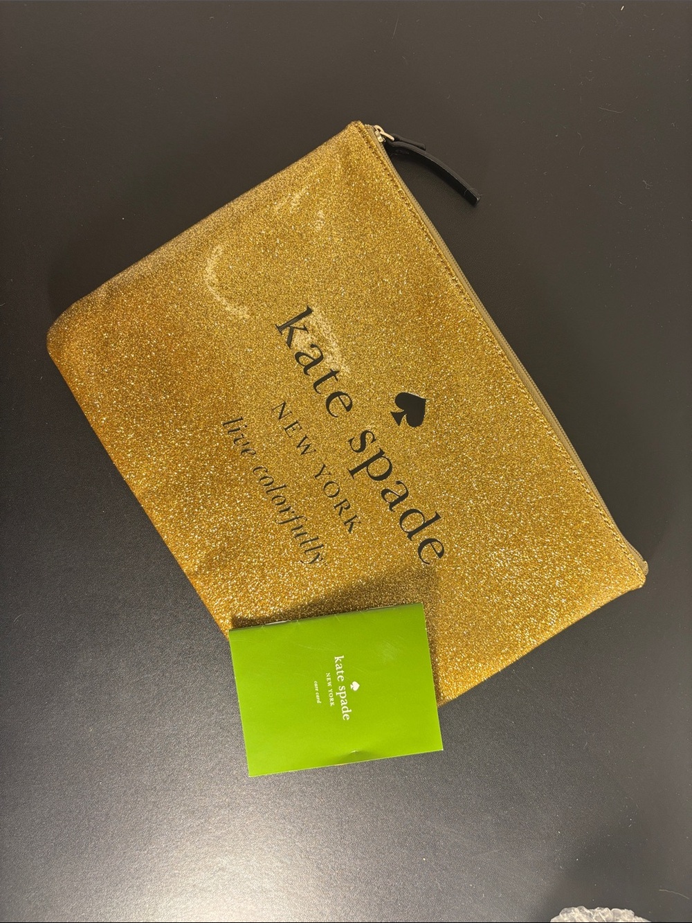 kate spade Gold Glitter Cosmetic Pouch with Logo